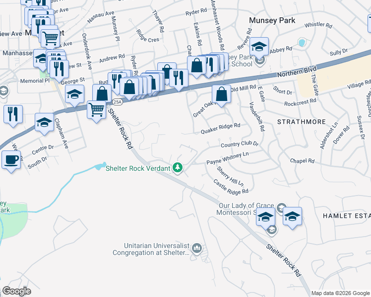 map of restaurants, bars, coffee shops, grocery stores, and more near 40 Quaker Ridge Road in Manhasset