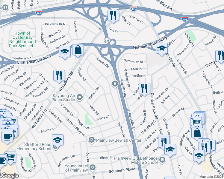 map of restaurants, bars, coffee shops, grocery stores, and more near 182 Roxton Road in Plainview