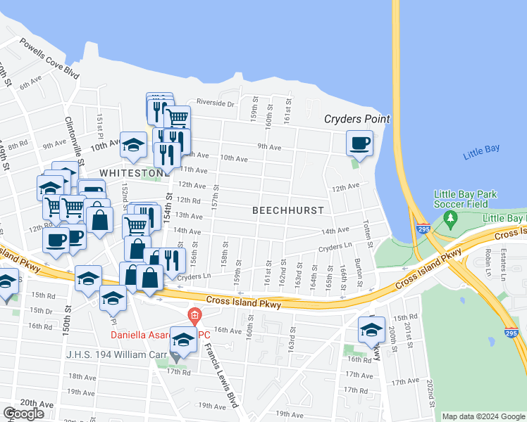 map of restaurants, bars, coffee shops, grocery stores, and more near 1203 160th Street in Queens