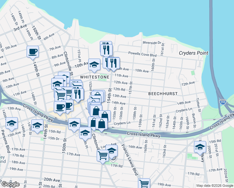 map of restaurants, bars, coffee shops, grocery stores, and more near 154-37 12th Road in Queens