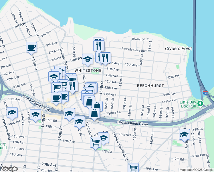 map of restaurants, bars, coffee shops, grocery stores, and more near 154-37 12th Road in Queens