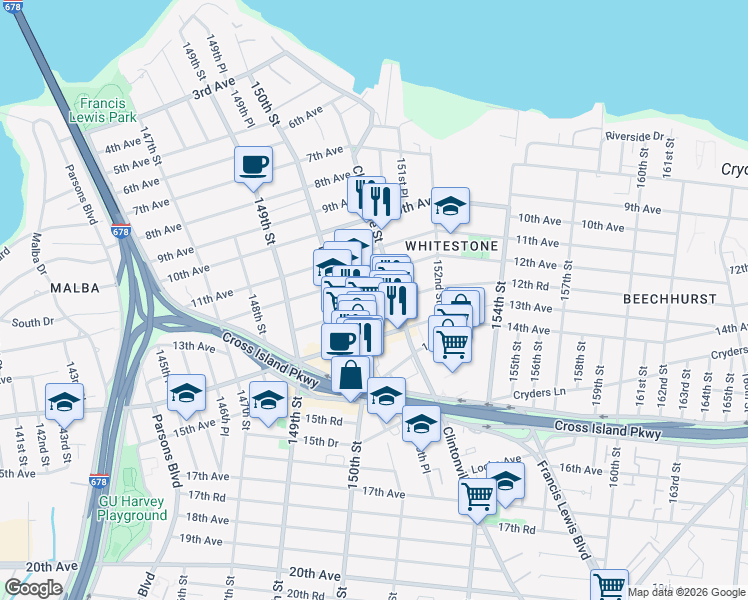 map of restaurants, bars, coffee shops, grocery stores, and more near 150-31 12th Avenue in Queens