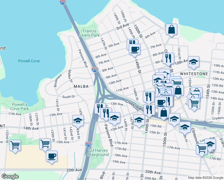 map of restaurants, bars, coffee shops, grocery stores, and more near 145-72 10th Avenue in Queens