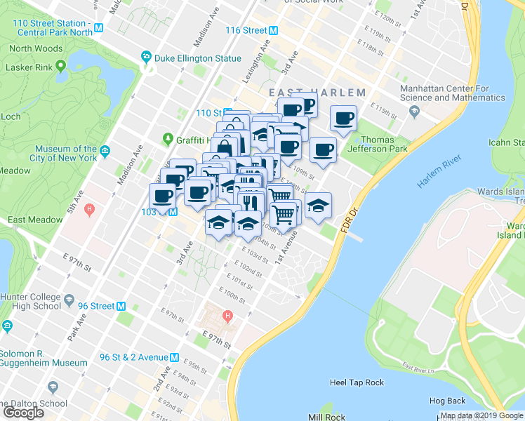 map of restaurants, bars, coffee shops, grocery stores, and more near 2065 2nd Avenue in New York