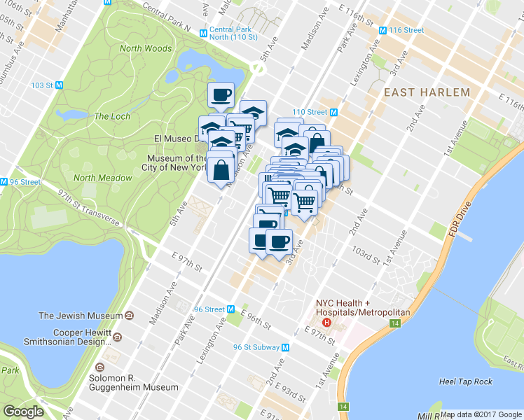 map of restaurants, bars, coffee shops, grocery stores, and more near in New York