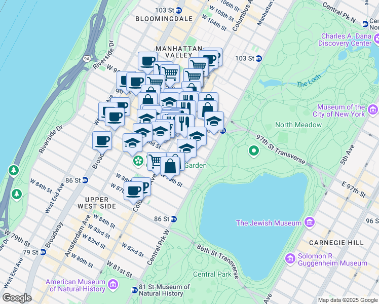 map of restaurants, bars, coffee shops, grocery stores, and more near 66 West 94th Street in New York