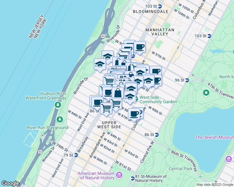 map of restaurants, bars, coffee shops, grocery stores, and more near 203 West 90th Street in New York