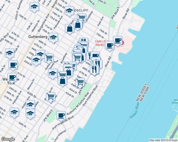 map of restaurants, bars, coffee shops, grocery stores, and more near 6811 Bellevue Avenue in Guttenberg