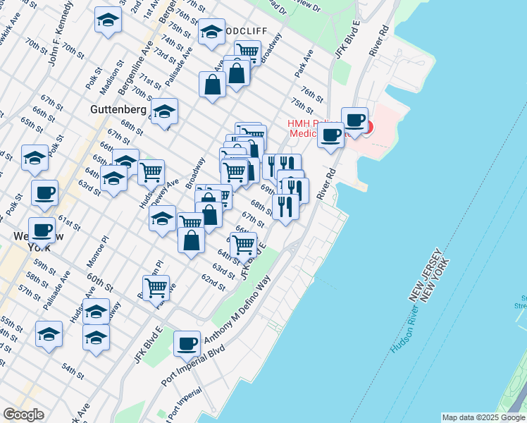 map of restaurants, bars, coffee shops, grocery stores, and more near 6811 Bellevue Avenue in Guttenberg
