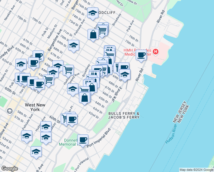 map of restaurants, bars, coffee shops, grocery stores, and more near 85 68th Street in Guttenberg