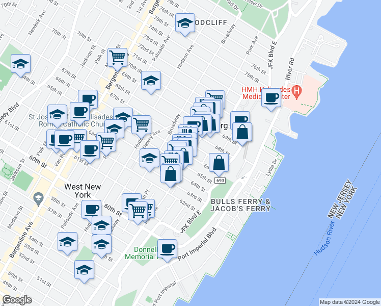 map of restaurants, bars, coffee shops, grocery stores, and more near in West New York