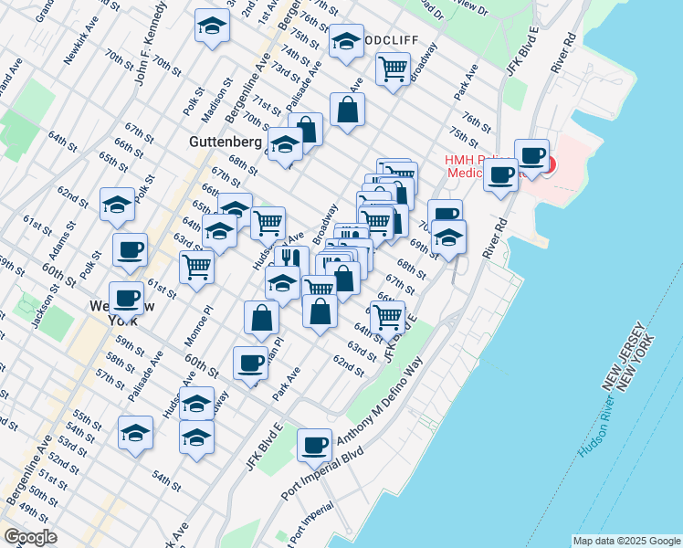 map of restaurants, bars, coffee shops, grocery stores, and more near in West New York