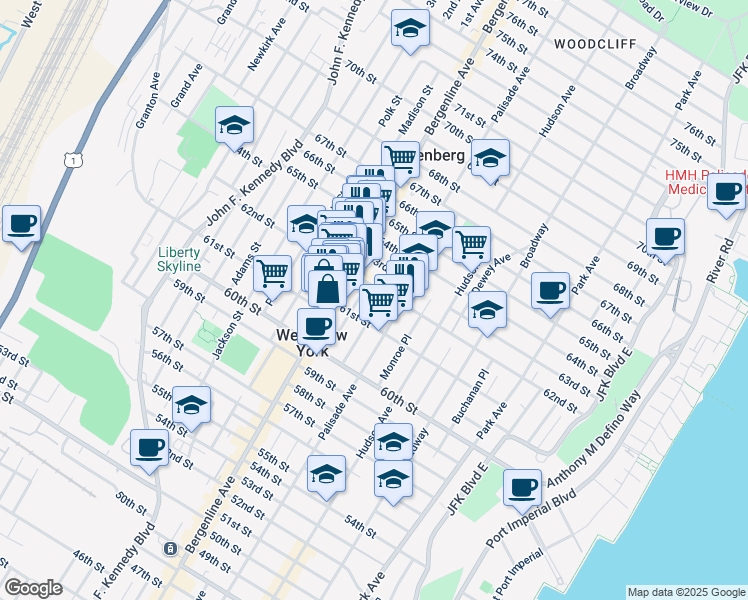 map of restaurants, bars, coffee shops, grocery stores, and more near 430 62nd Street in West New York