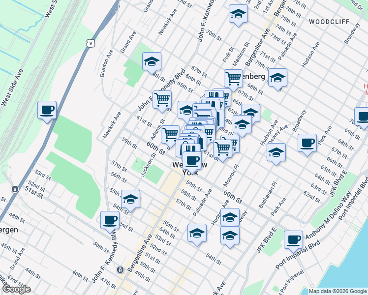 map of restaurants, bars, coffee shops, grocery stores, and more near 6122 Madison Street in West New York