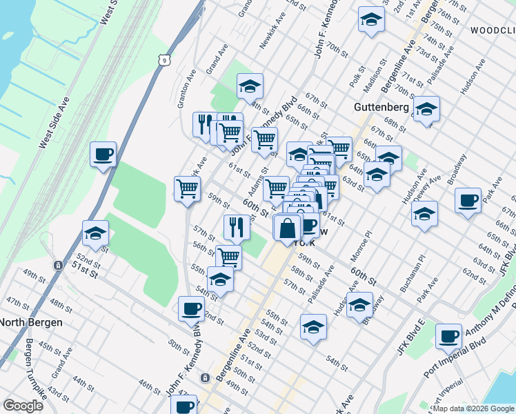 map of restaurants, bars, coffee shops, grocery stores, and more near 6016 Adams Street in West New York