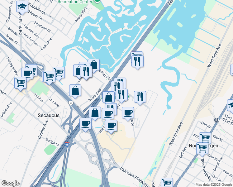 map of restaurants, bars, coffee shops, grocery stores, and more near 470 Harmon Meadow Boulevard in Secaucus