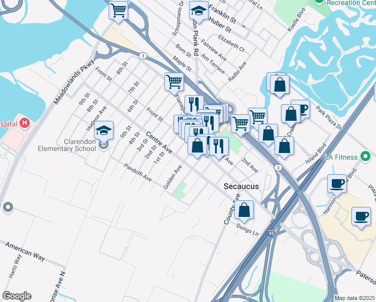 map of restaurants, bars, coffee shops, grocery stores, and more near 163 Front Street in Secaucus