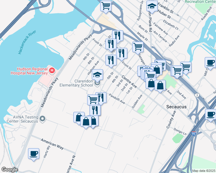 map of restaurants, bars, coffee shops, grocery stores, and more near 723 4th Street in Secaucus