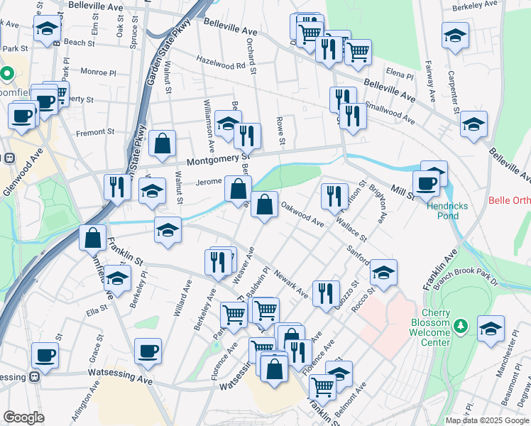 map of restaurants, bars, coffee shops, grocery stores, and more near 168 Weaver Avenue in Bloomfield