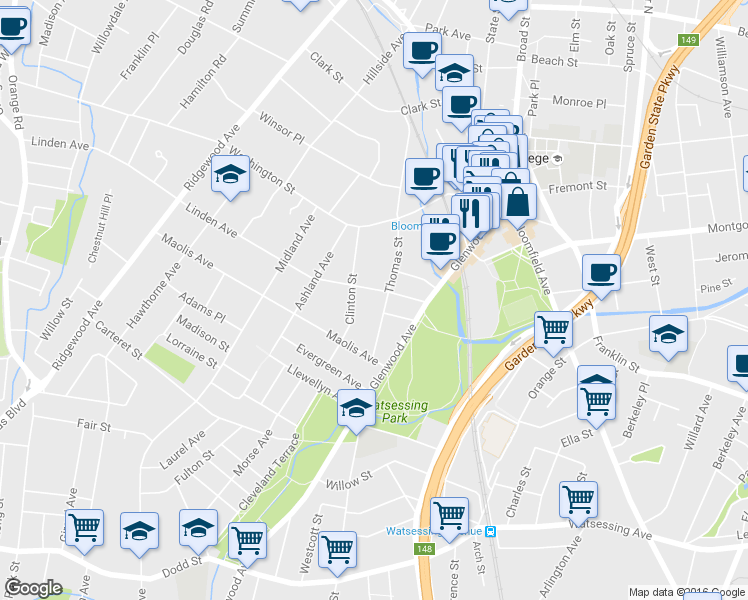 map of restaurants, bars, coffee shops, grocery stores, and more near 55 Linden Avenue in Bloomfield