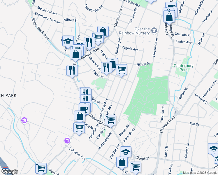 map of restaurants, bars, coffee shops, grocery stores, and more near 1 Cherry Street in West Orange