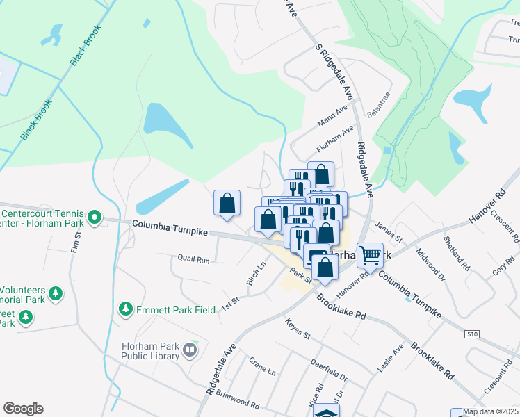 map of restaurants, bars, coffee shops, grocery stores, and more near Hearthwood Dr in Florham Park