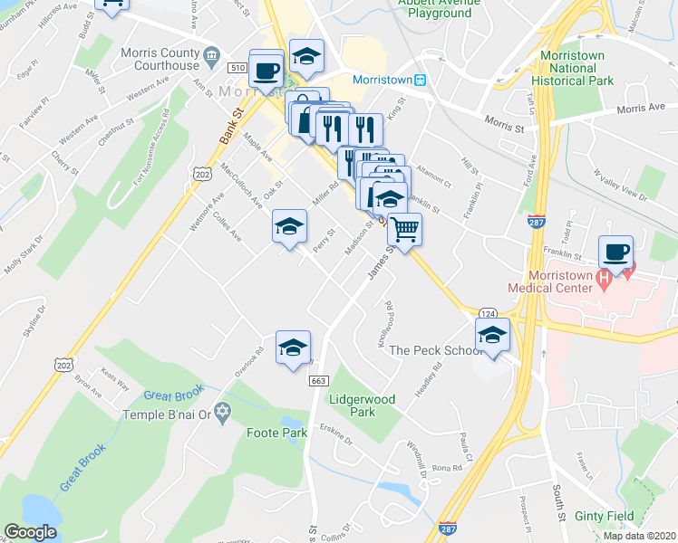 map of restaurants, bars, coffee shops, grocery stores, and more near 91 Maple Avenue in Morristown