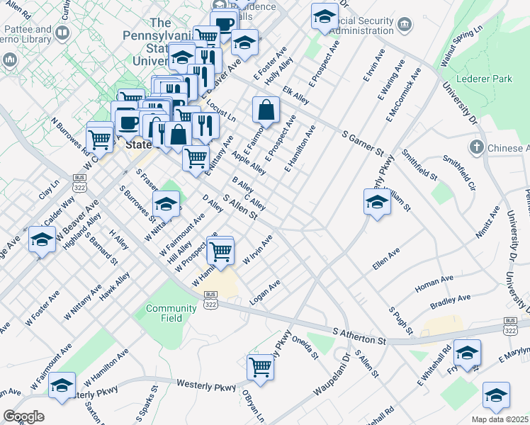 map of restaurants, bars, coffee shops, grocery stores, and more near 708 South Pugh Street in State College