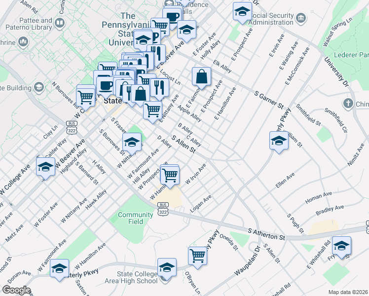 map of restaurants, bars, coffee shops, grocery stores, and more near 118 C Alley in State College