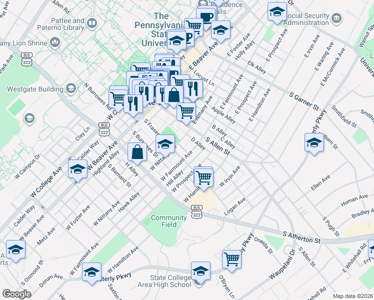 map of restaurants, bars, coffee shops, grocery stores, and more near 118 West Nittany Avenue in State College