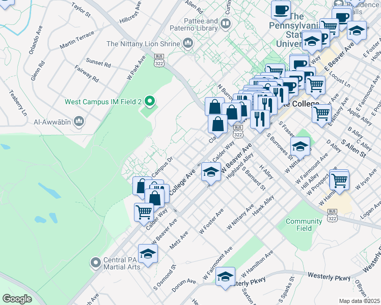 map of restaurants, bars, coffee shops, grocery stores, and more near 310 South Barnard Street in State College