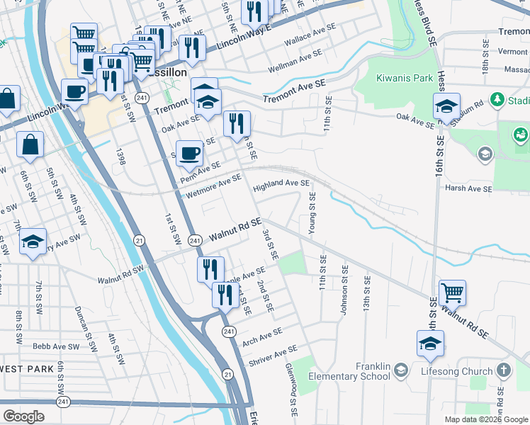 map of restaurants, bars, coffee shops, grocery stores, and more near 648 3rd Street Southeast in Massillon