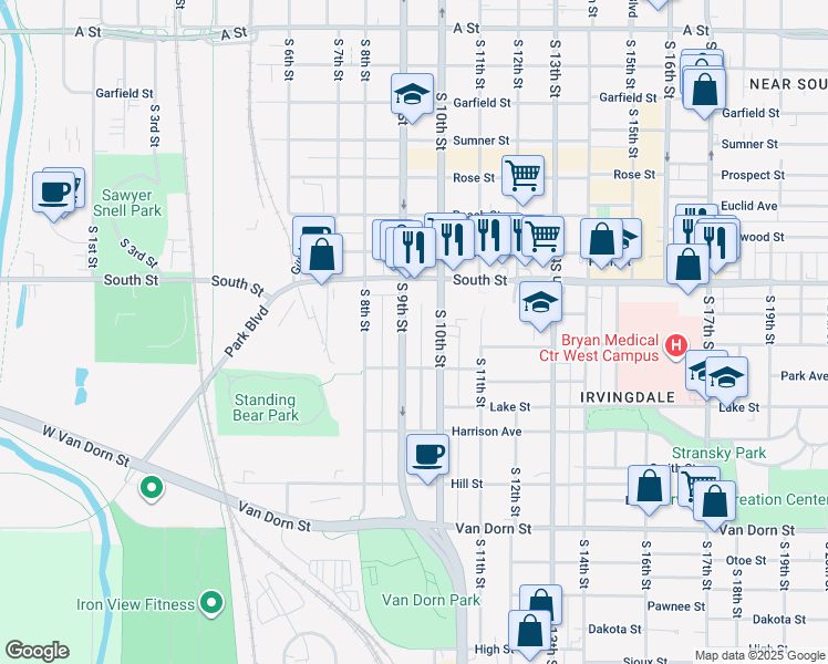 map of restaurants, bars, coffee shops, grocery stores, and more near 2201 South 10th Street in Lincoln