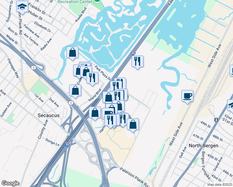 map of restaurants, bars, coffee shops, grocery stores, and more near 470 Harmon Meadow Boulevard in Secaucus
