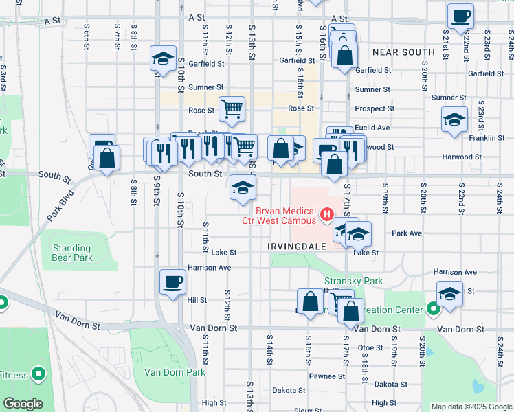 map of restaurants, bars, coffee shops, grocery stores, and more near 1330 Hudson Street in Lincoln