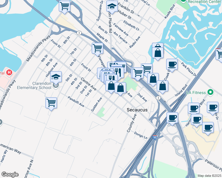 map of restaurants, bars, coffee shops, grocery stores, and more near 141 County Road 695 in Secaucus
