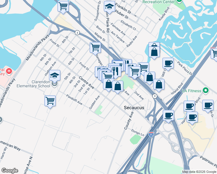 map of restaurants, bars, coffee shops, grocery stores, and more near 141 County Road 695 in Secaucus
