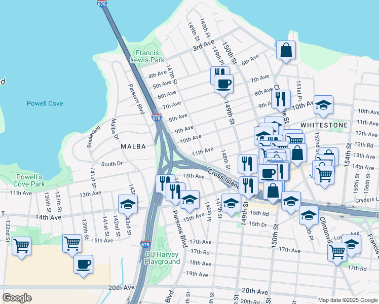 map of restaurants, bars, coffee shops, grocery stores, and more near 145-7 11th Avenue in Queens