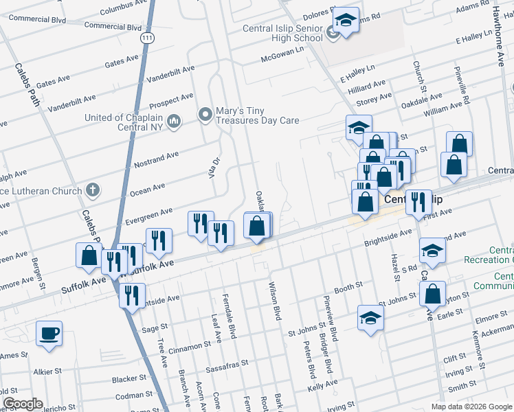 map of restaurants, bars, coffee shops, grocery stores, and more near 63 Applegate Drive in Central Islip