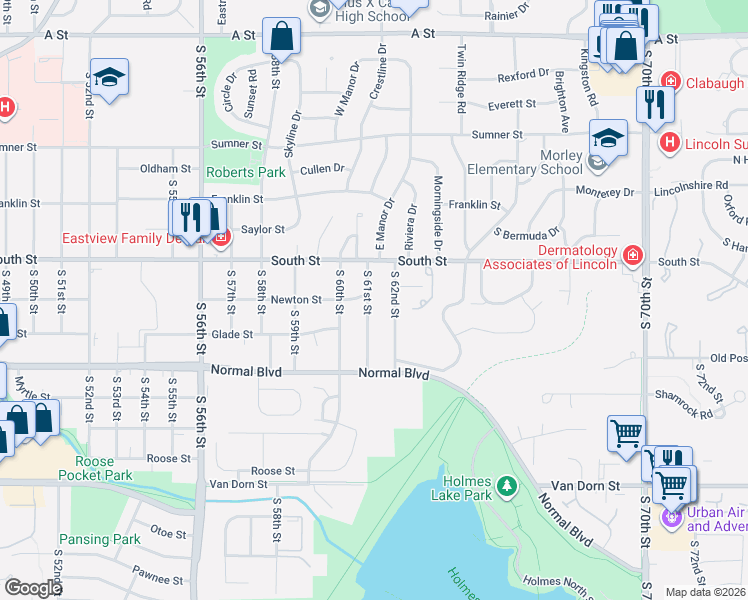 map of restaurants, bars, coffee shops, grocery stores, and more near 2125 South 62nd Street in Lincoln