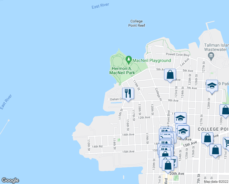 map of restaurants, bars, coffee shops, grocery stores, and more near 5-2 115th Street in Queens