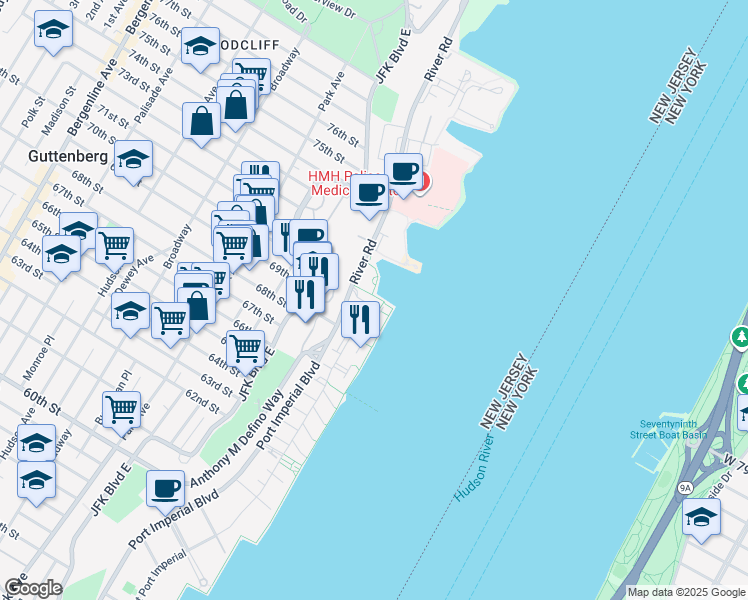 map of restaurants, bars, coffee shops, grocery stores, and more near 7608 River Road in Guttenberg