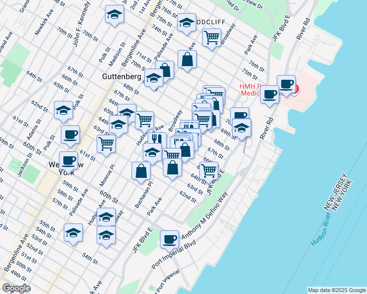 map of restaurants, bars, coffee shops, grocery stores, and more near in West New York