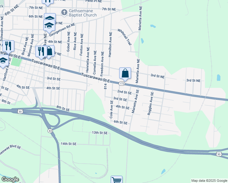 map of restaurants, bars, coffee shops, grocery stores, and more near 2630 Lincoln Street East in Canton