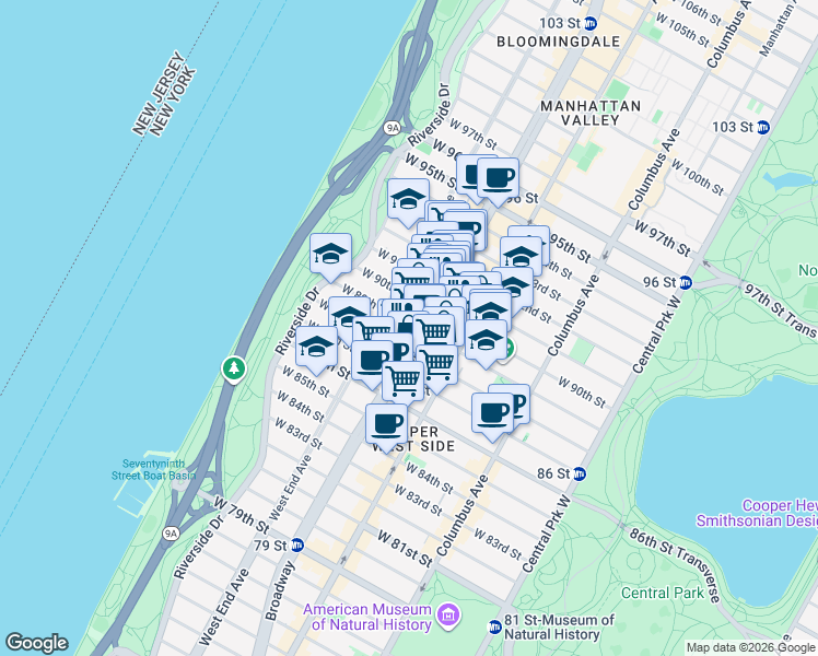 map of restaurants, bars, coffee shops, grocery stores, and more near 250 West 89th Street in New York
