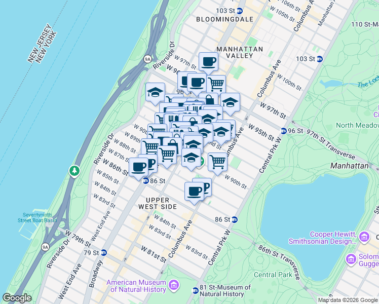 map of restaurants, bars, coffee shops, grocery stores, and more near 175 West 90th Street in New York