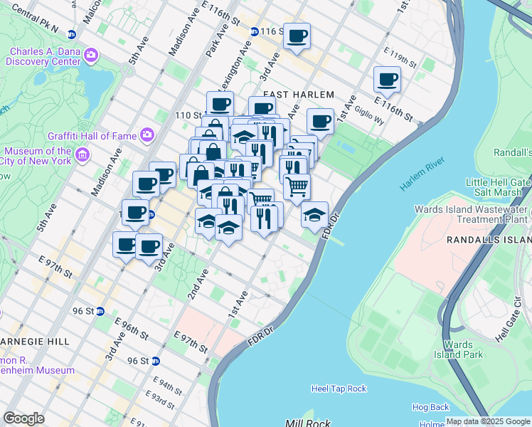 map of restaurants, bars, coffee shops, grocery stores, and more near 325 East 106th Street in New York