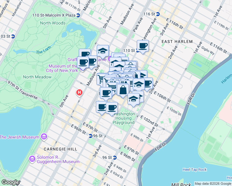 map of restaurants, bars, coffee shops, grocery stores, and more near in New York
