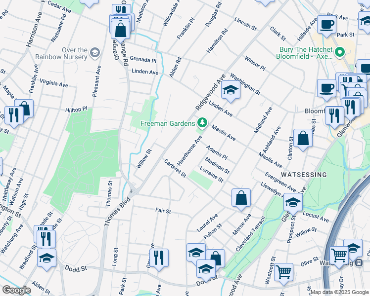 map of restaurants, bars, coffee shops, grocery stores, and more near 76 Hawthorne Avenue in Glen Ridge