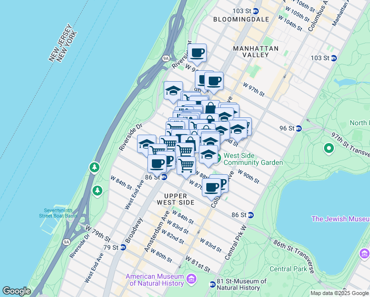 map of restaurants, bars, coffee shops, grocery stores, and more near 203 West 90th Street in New York